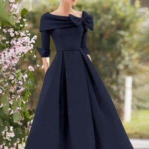 NWT Size 16 Navy Blue Satin A-Line/Princess Cowl Neck 3/4 Sleeve Dress